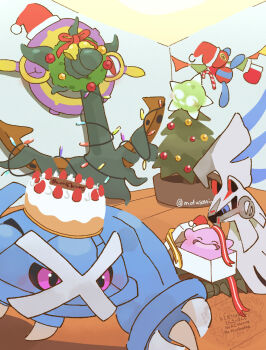 anchor bell black_sclera blue_eyes box cake character_watermark christmas_lights christmas_ornaments christmas_stocking christmas_tree christmas_wreath closed_eyes closed_mouth colored_sclera commentary_request dhelmise ditto food fruit gen_1_pokemon gen_3_pokemon gen_4_pokemon gen_7_pokemon hat highres in_box in_container indoors legendary_pokemon metagross minior minior_(core) minior_(green_core) mismagius mosseso_sefu nihilego nintendo no_humans open_mouth oricorio oricorio_(baile) pink_eyes pokemon pokemon_(creature) pokemon_focus porygon-z pyukumuku red_hat red_ribbon ribbon salamence santa_hat silvally smile strawberry string_of_flags toxapex twitter_username ultra_beast watermark wreath