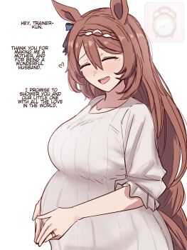 1girl ^_^ animal_ears big_belly breasts closed_eyes commentary english_commentary english_text highres horse_ears horse_girl horse_tail johnholl0w large_breasts pregnant simple_background solo super_creek_(umamusume) sweater tail umamusume white_background white_sweater