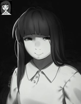 Rule 34 | 1girl, antenna hair, arms at sides, black background, blunt bangs, breasts, buttons, closed mouth, collared shirt, commentary, emphasis lines, greyscale, half-closed eyes, highres, long hair, looking at viewer, monochrome, monoe, mrntta 3704, no pupils, reference inset, shirt, simple background, small breasts, smile, solo, straight hair, symbol-only commentary, twitter username, upper body, yume nikki