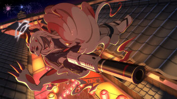 1girl blue_archive claws commentary_request crossover fireworks fox_mask gun h&amp;k_p30 halo handgun hisuian_zoroark kayoko_(blue_archive) lantern mask mask_on_head multicolored_hair nintendo paper_lantern pokemon pokemon_(creature) pori red_eyes sandals socks streaked_hair translation_request weapon white_hair white_socks