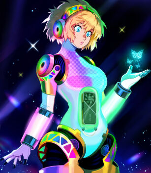 1girl absurdres aigis_(persona) android blonde_hair blue_eyes bug butterfly headphones highres insect joints neggoartz persona persona_3 rgb_lights robot_joints shirt short_hair solo surprised white_shirt