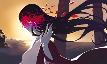 1girl absurdres black_hair breasts closed_mouth commentary_request floating_hair from_side hand_up highres japanese_clothes kimono large_breasts long_hair long_sleeves looking_at_viewer ocean oro_(lsg0624) outdoors petals red_petals solo sunrise upper_body white_kimono yellow_eyes yorushika