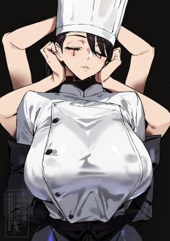 1girl apron ashiomi_masato black_hair blood bloody_tears breasts chainsaw_man chef chef_hat closed_eyes disembodied_head extra_arms falling_devil_(chainsaw_man) flat_top_chef_hat hat highres holding_detached_head large_breasts severed_head waist_apron