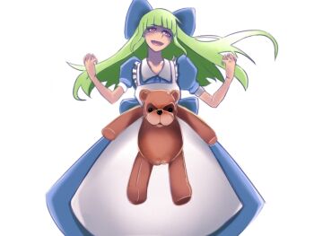 Rule 34 | 1girl, black alice, blonde hair, mon-musu quest!, monster girl, ribbon, simple background, stuffed animal, stuffed toy, teddy bear, white background, wizard898, yellow eyes