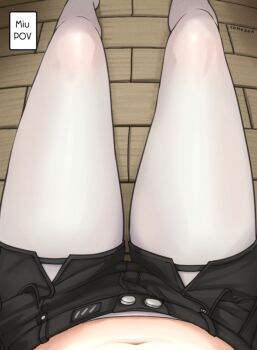 1girl black_shorts commentary comodox english_commentary female_pov lower_body miu_(comodox) navel original pantyhose pov short_shorts shorts solo thighs white_pantyhose wooden_floor