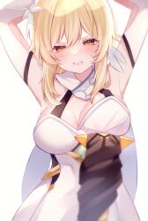 Rule 34 | 1girl, armpits, arms up, blonde hair, blush, breasts, cleavage, commentary request, detached sleeves, dress, flower, genshin impact, hair flower, hair ornament, highres, large breasts, long hair, long sleeves, looking at viewer, lumine (genshin impact), numomo-san, simple background, sleeveless, sleeveless dress, solo, upper body, white background, white dress, white flower, yellow eyes