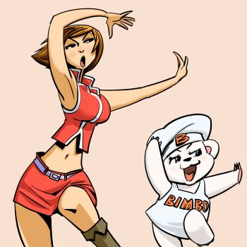 2girls apron bear_girl bimbo_(brand) black_eyes breasts brown_hair chef_hat dancing furry furry_female hat highres meiko_(vocaloid) midriff multiple_girls navel nippori_honsha open_mouth osito_bimbo simple_background vocaloid