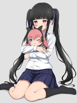 1girl bang_dream! black_hair black_socks blue_ribbon blue_skirt character_doll commentary_request doll dress_shirt grey_background hair_ribbon highres hugging_object kneehighs long_hair long_sleeves no_shoes noshimurin nyubara_reona pleated_skirt red_eyes ribbon school_uniform shirt simple_background sitting skirt socks tamade_chiyu twintails wariza white_shirt
