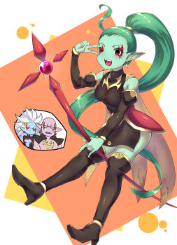 Rule 34 | 1boy, 2girls, absurdres, aqua skin, bald, blue skin, boots, breasts, cape, colored skin, commentary request, demon girl, detached sleeves, dragon ball, dragon ball heroes, earrings, facial mark, full body, gravy (dragon ball), green hair, high heel boots, high heels, highres, holding, holding staff, jewelry, long hair, mage staff, medium breasts, moguro (qianchul), multiple girls, official alternate costume, one eye closed, open mouth, pink skin, pointy ears, ponytail, potara earrings, purple lips, putine (dragon ball), red eyes, single bang, sleeveless, staff, star (symbol), teeth, thigh boots, towa (dragon ball), upper teeth only, v, v over eye, very long hair, white hair, yellow cape