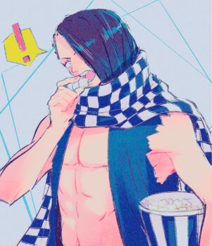 Rule 34 | !, 1boy, abunaideka, bare pectorals, black hair, black vest, cabaji, checkered clothes, checkered scarf, eating, food, grey background, hair over one eye, highres, male focus, one piece, open mouth, pectorals, popcorn, scarf, short hair, solo, spoken exclamation mark, torn clothes, torn sleeves, vest