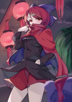 Rule 34 | 1girl, black shirt, bow, cape, commentary, disembodied head, hair bow, hand in pocket, highres, lantern, long sleeves, looking at viewer, night, outdoors, paper lantern, purple bow, purple cape, red cape, red eyes, red hair, red skirt, ribbon-trimmed bow, ribbon trim, sekibanki, shirt, short hair, skirt, sky, solo, star (sky), suzukiairi0001, touhou, two-sided cape, two-sided fabric