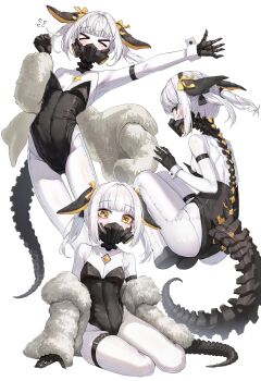 >_< 1girl absurdres android animal_ears ass blue_archive closed_eyes coat commentary_request ein_(blue_archive) extra_pupils fake_animal_ears flying_sweatdrops fur_coat hair_tie highres kokukyukeo mask mouth_mask off_shoulder playboy_bunny rabbit_ears short_hair simple_background sitting solo symbol-shaped_pupils tail thigh_strap twintails white_hair wrist_cuffs x-shaped_pupils
