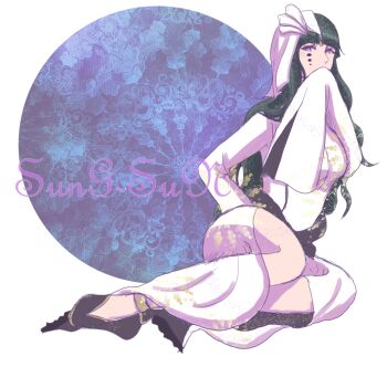 Rule 34 | 1girl, anklet, arrancar, black hair, bleach, character name, covering own mouth, cyan sung-sun, facial mark, female focus, ikuno taso, jewelry, long hair, purple eyes, simple background, sitting, thighs, white background
