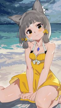 1girl bare_arms bare_shoulders barefoot beach blush breasts brown_eyes cleavage closed_mouth collarbone commentary_request day dress facial_mark gbbgb321 grey_hair head_tilt highres horizon looking_at_viewer nia_(fancy_sundress)_(xenoblade) nia_(xenoblade) ocean on_ground outdoors sand sleeveless sleeveless_dress small_breasts smile solo water whisker_markings xenoblade_chronicles_(series) xenoblade_chronicles_2 yellow_dress