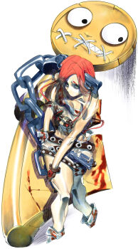 1girl 1other a.b.a absurdres bandaged_arm bandaged_chest bandaged_leg bandages black_gloves blood blood_on_clothes blood_stain chain commentary_request cropped_legs fingerless_gloves gloves green_eyes grey_shorts guilty_gear highres key key_in_head object_through_head paracelsus_(guilty_gear) raised_inner_eyebrows red_hair sharp_teeth short_hair shorts stitched_mouth stitches storyteller777 teeth white_background