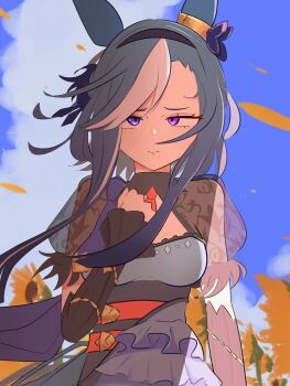 1girl absurdres admire_groove_(umamusume) animal_ears blue_dress blue_hair blue_sky breasts closed_mouth detached_sleeves dress ear_covers fly_dose hairband highres horse_ears horse_girl long_hair looking_at_viewer mole mole_under_mouth multicolored_hair necktie purple_eyes red_necktie see-through_clothes see-through_sleeves short_sleeves sky solo streaked_hair umamusume white_hair white_streaks