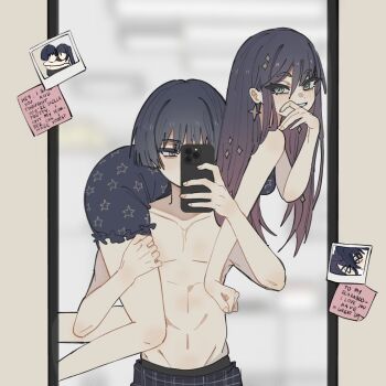 1boy 1girl abs alternate_costume alternate_hairstyle aqua_eyes asymmetrical_bangs bare_shoulders black_dress black_hair blunt_ends blush breasts bright_pupils carrying carrying_person cellphone contemporary couple covering_own_mouth dress earrings english_text eyelashes fingernails fireman&#039;s_carry frilled_dress frills genshin_impact gradient_hair grey_eyes grey_hair grin groin hair_between_eyes hair_down hand_on_another&#039;s_thigh hand_on_own_face hand_over_own_mouth hands_up hetero holding holding_another&#039;s_thighs holding_phone jewelry long_hair looking_at_mirror looking_at_viewer medium_breasts meme mirror mona_(genshin_impact) multicolored_hair navel pectorals phone photo_(object) pink_hair plaid_clothes plaid_shorts raised_eyebrows reflection scaramouche_(genshin_impact) selfie short_eyebrows shorts sleepwear smartphone smile star_(symbol) star_earrings star_print sticky_note swept_bangs toned toned_male topless_male tsurime white_pupils wispy_bangs ysnden