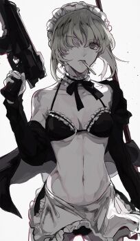 apron artoria_pendragon_(fate) bikini bikini_top_only black_bikini breasts cleavage ebanoniwa fate/grand_order fate_(series) frilled_bikini frills gun hair_over_eyes highres maid maid_bikini maid_headdress pop popsicle_stick saber_alter saber_alter_(swimsuit_rider)_(second_ascension) solo swimsuit unconventional_maid waist_apron weapon