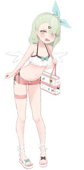 1girl absurdres bag bikini bikini_bottom_under_shorts bikini_under_clothes blue_bow bow chinatsu_remiel commentary_request flat_chest full_body green_eyes green_hair hair_bow hair_ornament heart heart_hair_ornament highres leaning_forward looking_at_viewer medium_hair navel nullkurage open_clothes open_mouth open_shorts pink_shorts ruffle_bikini sandals shorts shoulder_bag simple_background solo standing swimsuit thigh_strap toes white_background white_bikini white_sandals white_wings wings zenless_zone_zero