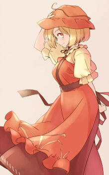 1girl aki_minoriko apron arm_behind_back black_ribbon commentary_request feet_out_of_frame from_side hand_on_headwear hat light_blush mob_cap one-hour_drawing_challenge orange_background profile rangycrow red_apron red_eyes red_hat red_skirt ribbon shirt short_sleeves sideways_glance skirt smile solo touhou wheat_print yellow_shirt