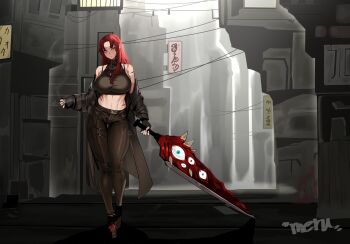 absurdres alternate_costume armpit_crease bare_shoulders belt breasts brown_pants cigarette city coat crop_top e.g.o_(project_moon) expressionless full_body gebura_(project_moon) hetero highres holding holding_cigarette holding_sword holding_weapon kali_(project_moon) large_breasts lobotomy_corporation mimicry_(e.g.o) multiple_scars navel off_shoulder pants project_moon red_hair rhlatm road scar signature street sword toned toned_female weapon wide_hips