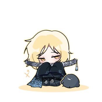 1boy alternate_costume bird black_bird black_hakama black_kimono black_sleeves blonde_hair chibi chibi_only commentary floral_print floral_print_kimono full_body furisode gre_gre3 hakama hakama_pants highres holding holding_sword holding_weapon japanese_clothes kimono limbus_company male_focus pants parted_bangs pleated_pants print_kimono project_moon seiza sheath sheathed sinclair_(project_moon) sitting sleeves_past_fingers sleeves_past_wrists solo sword symbol-only_commentary tassel weapon weapon_to_mouth white_background yellow_eyes