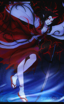 Rule 34 | 1girl, black hair, commentary, cryptmyst, english commentary, highres, horns, japanese clothes, katana, kimono, konngara (touhou), long sleeves, medium hair, pointy ears, ponytail, red eyes, red sandals, sandals, single horn, socks, solo, sword, touhou, touhou (pc-98), weapon, white socks