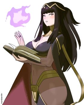Rule 34 | 1girl, absurdres, agentpolin, artist name, ass, black hair, black nails, bodystocking, book, breasts, cleavage, commentary, covered navel, fire, fire emblem, fire emblem awakening, grey eyes, grin, hands up, highres, holding, holding book, jewelry, large breasts, long hair, looking at viewer, magic, nail polish, nintendo, ring, sidelocks, smile, solo, tharja (fire emblem), two side up, white background