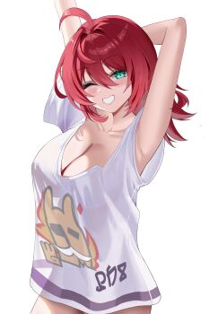 1girl absurdres ahoge arm_behind_head arm_up armpits bottomless collarbone commentary cowboy_shot flora_(stella_sora) green_eyes grin hair_intakes highres looking_at_viewer medium_hair naked_shirt nannanana3939 official_alternate_costume one_eye_closed print_shirt red_hair see-through_clothes see-through_shirt see-through_silhouette shirt simple_background smile solo standing stella_sora stretching t-shirt white_background white_shirt
