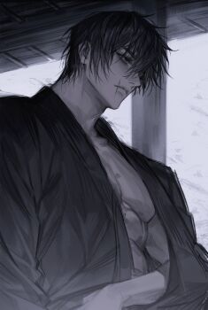 Rule 34 | 1729shun, 1boy, abs, absurdres, arm out of sleeve, bare pectorals, black eyes, black hair, closed mouth, fushiguro touji, hair between eyes, hashtag-only commentary, highres, japanese clothes, jujutsu kaisen, lips, male focus, muscular, muscular male, nose, pectorals, scar, scar on face, scar on mouth, short hair, solo