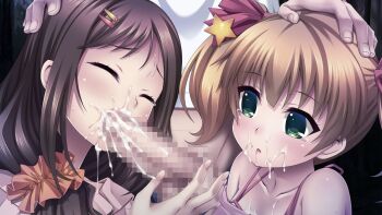 1boy 2girls black_hair bow censored collarbone cum cum_in_mouth cum_on_body cumdrip drooling eyebrows closed_eyes facial fellatio grand_guignol_no_yoru hagimoto_kazuha hair_bow hair_ornament hairclip hand_on_another&#039;s_head long_hair looking_at_another multiple_girls oral penis saliva sugie_hikari sweat tears tinkerbell twintails