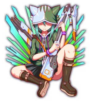 1girl animal_ear_hood animal_ears anime_coloring aqua_hair artist_request belt belt_boots belt_buckle black_skirt boots breasts brown_belt buckle collarbone colored_shoe_soles crash_fever drawstring facing_viewer fake_animal_ears full_body game_cg green_hood green_jacket gun holding holding_gun holding_weapon hood hood_over_eyes hooded_jacket jacket long_sidelocks medium_breasts miniskirt number_print numbered official_art outline parted_lips partially_shaded_face red_outline robin_hood_(crash_fever) short_hair short_hair_with_long_locks sidelocks simple_background sitting skirt sleeve_cuffs smile solo square square_print tachi-e thighhighs third-party_source three-quarter_sleeves transparent_background weapon weapon_request white_hood wristband zettai_ryouiki zipper zipper_pull_tab