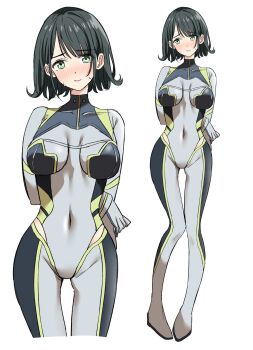 1girl bien_(djpwjd1) black_hair blunt_bangs bob_cut bodysuit breasts breasts_apart clothing_cutout commentary_request cosplay covered_collarbone covered_navel cropped_legs flipped_hair full_body green_eyes grey_bodysuit highres hip_vent large_breasts link!_like!_love_live! love_live! momose_ginko momose_ginko_(gaming_event_cosplay) multiple_views official_alternate_costume short_hair standing virtual_youtuber zoom_layer
