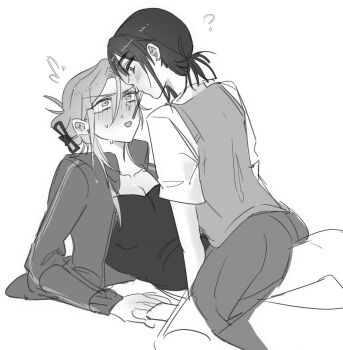 2girls alien_stage blush breasts cleavage commentary english_commentary food highres jacket long_hair mizi_(alien_stage) multiple_girls open_mouth pocky pocky_day pocky_kiss shared_food shirt short_hair straddling sua_(alien_stage) sweat sweater_vest the_quipper yuri