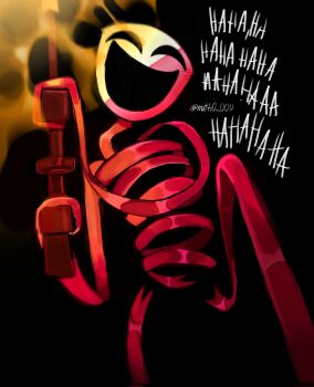 1girl black_background commentary english_commentary gangle_(the_amazing_digital_circus) gun highres holding holding_gun holding_weapon laughing mask matti0_000 open_mouth red_ribbon ribbon signature smile solo submachine_gun the_amazing_digital_circus thompson_submachine_gun weapon