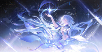 1girl absurdres arm_up breasts closed_eyes dress earrings from_side grey_hair halo hand_up high_heels highres id_card jacket jewelry koujuan long_hair mornye_(wuthering_waves) parted_lips purple_dress see-through_body small_breasts solo tacet_mark_(wuthering_waves) triangle_earrings very_long_hair white_jacket wuthering_waves