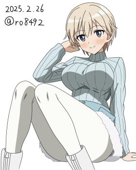 1girl belt blue_eyes blue_sweater blush boots brave_witches breasts dated highres large_breasts looking_at_viewer nikka_edvardine_katajainen pantyhose ryohei-0617 simple_background sitting smile solo sweater turtleneck turtleneck_sweater twitter_username white_background white_boots white_pantyhose world_witches_series