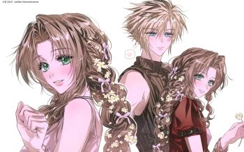 2025 aerith_gainsborough aqua_eyes bangle black_shirt blonde_hair blush bow bracelet braid breasts brown_hair closed_mouth cloud_strife dress final_fantasy final_fantasy_vii final_fantasy_vii_rebirth final_fantasy_vii_remake flower green_eyes hair_between_eyes hair_bow hair_flower hair_ornament highres holding holding_flower image_in_thought_bubble jacket jewelry light_blush light_smile long_hair looking_at_another medium_breasts neveromance parted_bangs parted_lips pink_bow pink_dress puffy_short_sleeves puffy_sleeves red_jacket shirt short_hair short_sleeves sidelocks single_braid sleeveless sleeveless_dress sleeveless_turtleneck turtleneck twitter_username white_background yellow_flower