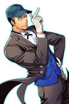 Rule 34 | 1boy, baseball cap, black jacket, black pants, blue hat, blue vest, butler, chinese commentary, closed mouth, collared shirt, cross tie, facial hair, gloves, goatee stubble, hand on own hip, hat, highres, iori junpei, jacket, looking at viewer, male focus, official alternate costume, oldkin, one eye closed, pants, persona, persona 3, pocket watch, pointing, pointing up, shirt, simple background, solo, stubble, vest, watch, white background, white gloves, white shirt
