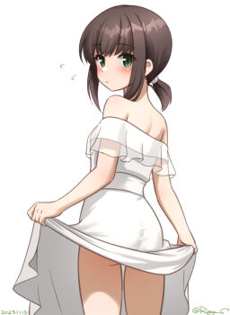 1girl ass bare_shoulders blush breasts brown_hair collarbone dated dress from_behind fubuki_(anniversary)_(kancolle) fubuki_(kancolle) green_eyes kantai_collection looking_at_viewer looking_back low_ponytail medium_hair no_panties off-shoulder_dress off_shoulder official_alternate_costume one-hour_drawing_challenge ponytail ray.s revision short_ponytail simple_background solo turning_head twitter_username white_background white_dress