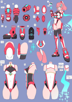 1girl absurdres aqua_eyes black_thighhighs blue_background blue_eyes blush boots breasts covered_navel flat_color from_side full_body gauntlets gloves hero_metero_(kitasshi) highleg highleg_leotard highres holding kitasshi leotard long_hair looking_at_viewer magical_girl multicolored_leotard multiple_views original pink_hair poke_ball ponytail purple_background reference_sheet scarf side_ponytail simple_background small_breasts smile solo standing star_(symbol) thighhighs thighs turnaround white_leotard