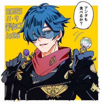 1boy black_gloves black_jacket border candy dated fancylimitime food gloves green_eyes green_hair hair_over_one_eye holding holding_candy holding_food holding_lollipop jacket lighter_(zenless_zone_zero) lollipop looking_to_the_side male_focus motion_lines open_mouth red_pupils red_scarf scarf short_hair shoulder_spikes solo speech_bubble spiked_jacket spikes studded_gloves sunglasses translation_request upper_body white_border yellow_background zenless_zone_zero