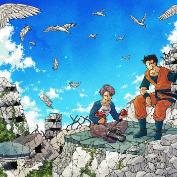 2boys apple belt bird black_belt black_boots black_hair black_shirt blue_sky blue_sleeves boots closed_mouth dragon_ball falling_feathers feathers food fruit full_body grey_hair grey_pants highres holding holding_food holding_fruit indian_style looking_at_another male_focus multiple_boys open_mouth orange_dougi outdoors pants parted_bangs rubble ruins scar scar_across_eye scar_on_face shirt sitting sky smile son_gohan son_gohan_(future) toriga trunks_(dragon_ball) trunks_(future)_(dragon_ball) two-tone_shirt white_feathers