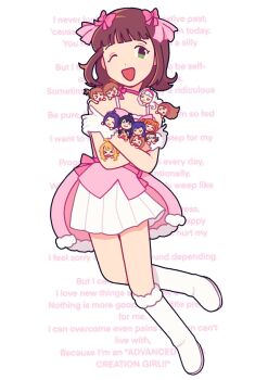 Rule 34 | 1girl, akizuki ritsuko, amami haruka, blunemone, boots, bow, brown hair, cute &amp; girly (idolmaster), english text, full body, futami ami, futami mami, ganaha hibiki, gloves, green eyes, hagiwara yukiho, hair bow, hands on own arms, highres, holding, hoshii miki, idolmaster, idolmaster (classic), idolmaster 1, kikuchi makoto, kisaragi chihaya, medium hair, minase iori, miura azusa, multiple hair bows, one eye closed, pink bow, shijou takane, skirt, sleeveless, snow strawberry (idolmaster), solo focus, takatsuki yayoi, white boots, white gloves, white skirt