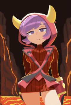 1girl breasts closed_mouth courtney_(pokemon) deli_mage dress fake_horns frown gloves highres hood hood_up hooded_vest hoodie horned_headwear horned_hood horns large_breasts lava long_sleeves looking_at_viewer nintendo pokemon pokemon_omega_ruby_and_alpha_sapphire purple_eyes purple_hair red_hood red_sweater ribbed_dress ribbed_sweater short_hair solo sweater sweater_dress team_magma team_magma_uniform vest