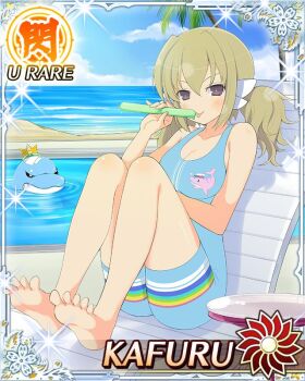 1girl barefoot beach blonde_hair blue_one-piece_swimsuit border breasts card_(medium) character_name cleavage crown day dolphin feet food game_cg hair_ornament holding holding_food holding_popsicle kafuru_(senran_kagura) licking looking_at_viewer low_twintails luka_(senran_kagura) medium_breasts medium_hair ocean official_art one-piece_swimsuit pool poolside popsicle purple_eyes senran_kagura senran_kagura_new_wave short_twintails sitting smile soles solo swimsuit toes tongue tongue_out twintails yellow_pupils