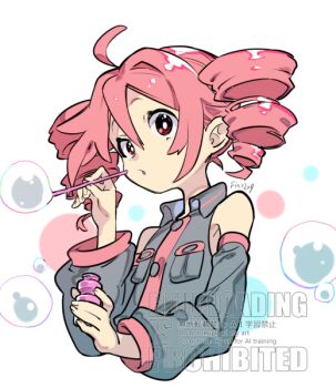 1girl ahoge blowing_bubbles breast_pocket bubble_pipe collared_shirt commentary_request cropped_torso detached_sleeves drill_hair holding kasane_teto kasane_teto_(utau) long_sleeves looking_at_viewer parted_lips pink_eyes pink_hair pocket shirt sin_(hankotsu_bunny) sleeveless sleeveless_shirt solo twin_drills utau watermark