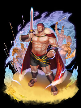 5boys army bald bara beard bulge cape electricity facial_hair fate/grand_order fate/zero fate_(series) fog full_beard greek_armor highres horse iskandar_(fate) large_pectorals lrpanda00 male_focus male_pubic_hair mature_male multiple_boys muscular muscular_male nipples pectorals polearm pubic_hair red_hair sand sandals short_hair shorts spear strongman_waist sword thick_beard thick_eyebrows warrior weapon