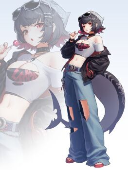 1girl absurdres alternate_costume bare_shoulders beanie belt black_hair black_jacket blue_background blue_hat blue_pants bracelet breasts candy chain chain_bracelet chain_necklace cleavage_cutout clothing_cutout collar colored_inner_hair commentary ellen_joe eyewear_on_head fins fish_tail food hand_in_pocket hat headphones highres holding holding_candy holding_food holding_headphones holding_lollipop jacket jacket_partially_removed jewelry lollipop looking_at_viewer medium_breasts midriff mole mole_under_eye multicolored_hair nail_polish navel necklace open_mouth pants razor_blade_hair_ornament red_eyes red_nails red_shoes retto_7b scar scar_on_tail shark_girl shark_tail shoes simple_background single_bare_shoulder solo spiked_bracelet spiked_collar spikes standing standing_on_one_leg sunglasses symbol-only_commentary tail toenail_polish toenails torn_clothes torn_pants white-framed_eyewear zenless_zone_zero zoom_layer