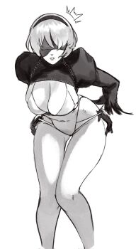1girl 2b_(nier:automata) adjusting_clothes adjusting_panties bikini blindfold breasts cleavage commentary english_commentary feet_out_of_frame gloves hairband highleg highleg_leotard highres juliet_sleeves kobi420 large_breasts leaning_forward leotard lips long_sleeves monochrome nier:automata nier_(series) panties parted_lips puffy_sleeves short_hair shrug_(clothing) simple_background sketch surprised swimsuit thigh_gap underwear white_background